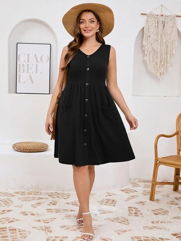 Auslook Plus حجم النساء الصيف الفساتين بلا أكمام أرجوحة فضفاضة زر أسفل فستان ميدي مع جيوب 1x-5x in Kuwait