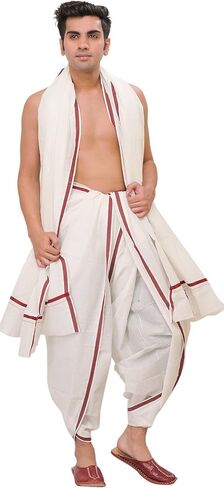 Plain Dhoti and Angavastram Set with Striped Border - Pure Cotton in Saudi Arabia