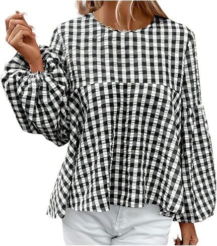 Women's Casual Gingham Print Peplum Blouse Long Lantern Sleeve Round Neck Shirts Trendy Cute Classic Plaid Tops in Saudi Arabia