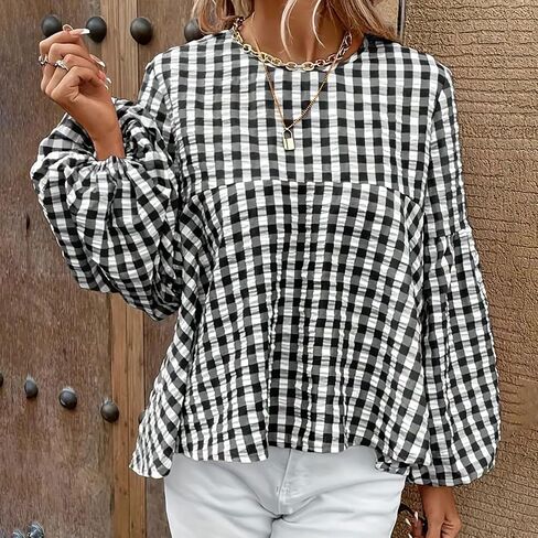 Women's Casual Gingham Print Peplum Blouse Long Lantern Sleeve Round Neck Shirts Trendy Cute Classic Plaid Tops in Saudi Arabia