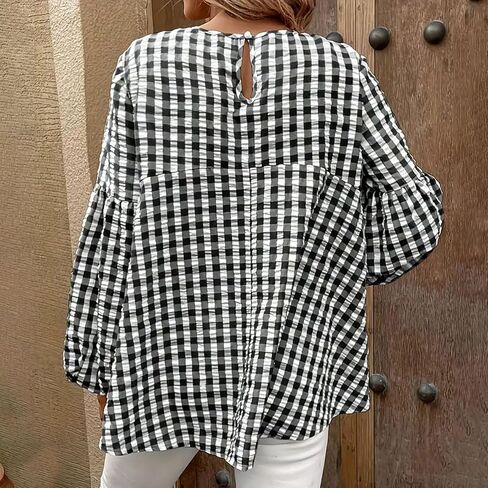 Women's Casual Gingham Print Peplum Blouse Long Lantern Sleeve Round Neck Shirts Trendy Cute Classic Plaid Tops in Saudi Arabia