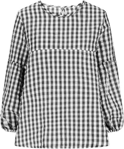 Women's Casual Gingham Print Peplum Blouse Long Lantern Sleeve Round Neck Shirts Trendy Cute Classic Plaid Tops in Saudi Arabia
