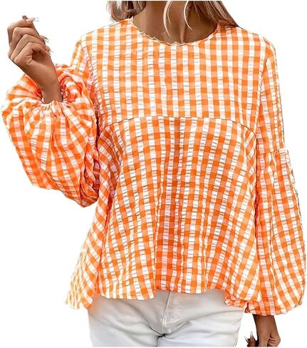 Women's Casual Gingham Print Peplum Blouse Long Lantern Sleeve Round Neck Shirts Trendy Cute Classic Plaid Tops in Saudi Arabia
