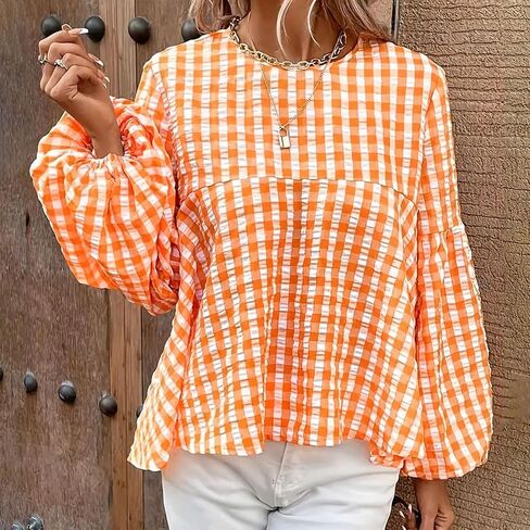 Women's Casual Gingham Print Peplum Blouse Long Lantern Sleeve Round Neck Shirts Trendy Cute Classic Plaid Tops in Saudi Arabia