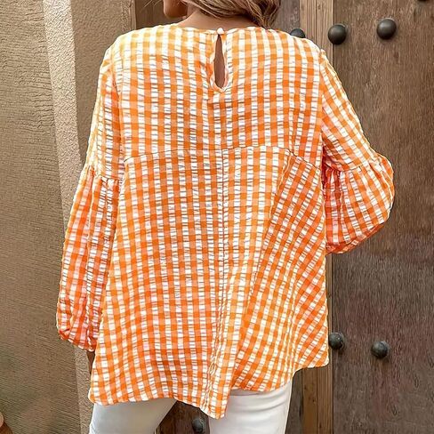 Women's Casual Gingham Print Peplum Blouse Long Lantern Sleeve Round Neck Shirts Trendy Cute Classic Plaid Tops in Saudi Arabia
