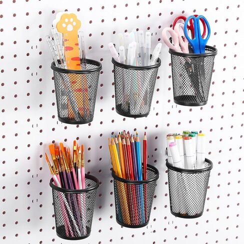 Spakon 6 Sets Pegboard Cups with Ring Hook Pegboard Bin Holder Organizer Multipurpose Pen Cup Metal Pencil Holder for Desk Office Garage(Black,2.95x2.95x3.74'',Straight) in Kuwait
