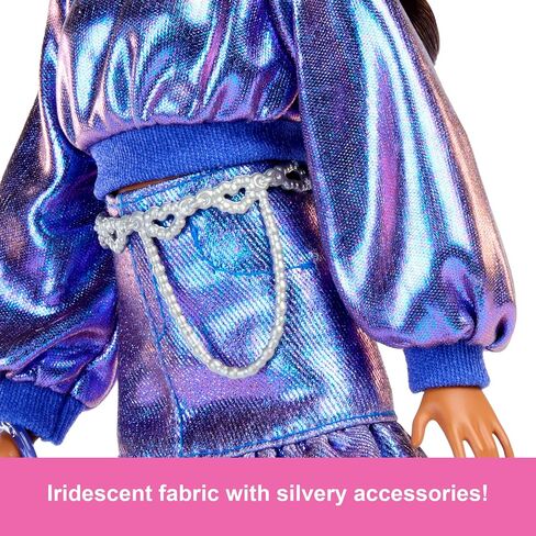 Barbie Deluxe Style Doll #8 in Metallic Purple Top and Sparkly Shorts, Black Hair in Braid, Accessories Like Pearly Jewelry and Handbag in Saudi Arabia