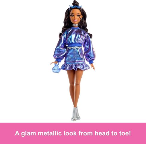 Barbie Deluxe Style Doll #8 in Metallic Purple Top and Sparkly Shorts, Black Hair in Braid, Accessories Like Pearly Jewelry and Handbag in Saudi Arabia