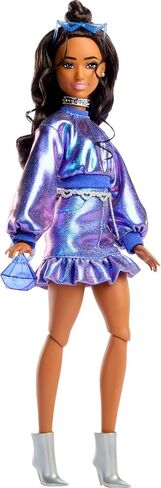 Barbie Deluxe Style Doll #8 in Metallic Purple Top and Sparkly Shorts, Black Hair in Braid, Accessories Like Pearly Jewelry and Handbag in Saudi Arabia