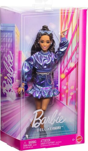 Barbie Deluxe Style Doll #8 in Metallic Purple Top and Sparkly Shorts, Black Hair in Braid, Accessories Like Pearly Jewelry and Handbag in Saudi Arabia