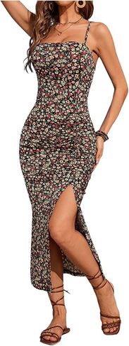 Milumia Women's Floral Spaghetti Strap Midi Dress Boho Split Thigh Bodycon Cami Dresses in Saudi Arabia