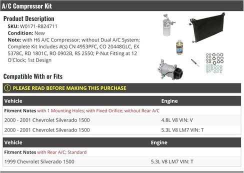 A/C Compressor Kit with Condenser - P-Nut Fitting at 12 - Compatible with 1999-2001 Chevy Silverado 1500 4.8L / 5.3L V8 in Saudi Arabia
