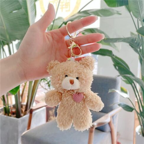 Kawaii Plush White Brown Bear Keychain for Women Pink Green Heart Stuffed Soft Cotton Cartoon Teddy Animals Key Chain in Kuwait