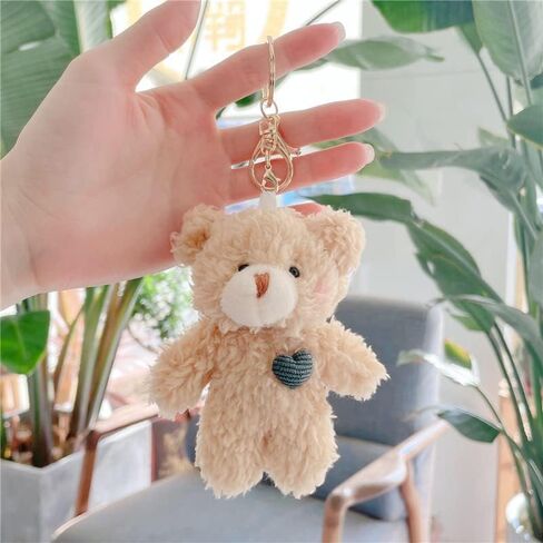 Kawaii Plush White Brown Bear Keychain for Women Pink Green Heart Stuffed Soft Cotton Cartoon Teddy Animals Key Chain in Kuwait