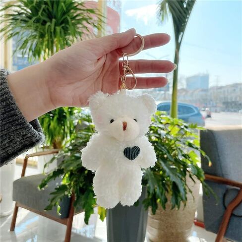 Kawaii Plush White Brown Bear Keychain for Women Pink Green Heart Stuffed Soft Cotton Cartoon Teddy Animals Key Chain in Kuwait