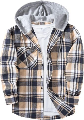 Men's Flannel Shirt Plaid Hoodie Stylish Long Sleeve Fall Casual Button Down Shirts with Flat Pocket in Saudi Arabia