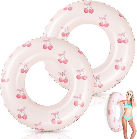 ShinyRelief 2 Pcs Pink Bow Inflatable Pool Float Bowknot Cherry Floaties Pool Tubes Inflation Swimming Ring Summer Outdoor Beach Water Floats Party Supplies Floaties in Kuwait