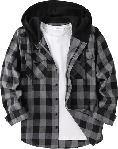 Men's Flannel Shirt Plaid Hoodie Stylish Long Sleeve Fall Casual Button Down Shirts with Flat Pocket in Saudi Arabia