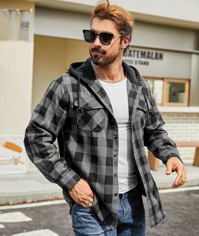 Men's Flannel Shirt Plaid Hoodie Stylish Long Sleeve Fall Casual Button Down Shirts with Flat Pocket in Saudi Arabia