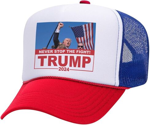 TeesAndTankYou Never Stop The Fight Trump 2024 Fist Assassination Attempt Foam Trucker Cap Adjustable Mesh Back Hat Red/White/Royal in Saudi Arabia