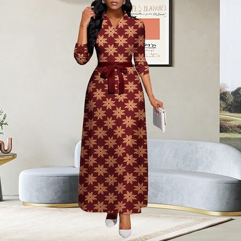 LaiyiVic Maxi Dress for Women Casual Long Sleeve Button Down Floor Length V-Neck Long Dress with Belt in Kuwait