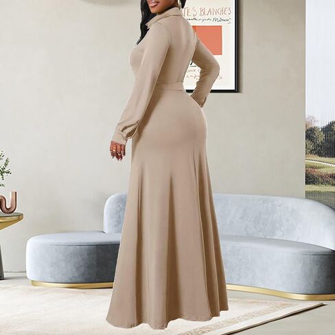 فستان LaiyiVic طويل للنساء كاجوال بأكمام طويلة وأزرار سفلية وطول يصل إلى الأرض ورقبة على شكل حرف V مع حزام in Kuwait
