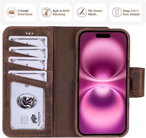 BLACKBROOK for iPhone 16 Pro Max Case with Wallet, Burkley Full Grain Leather, Detachable 2-in-1 Set for MagSafe, 4 Card Slots with RFID, Folio Wallet Case Compatible with iPhone 16 Pro Max in Kuwait