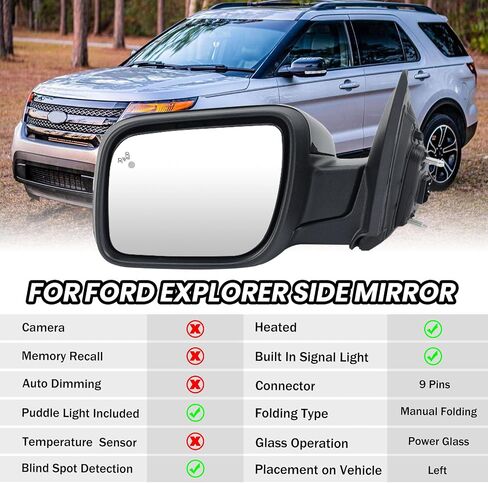 مرآة جانبية للركاب الأيمن تناسب 2011 2012 2013 2014 2015 Ford Explorer مع زجاج النقطة العمياء، مسخن، إشارة الانعطاف، ضوء البركة، طي يدوي 7 دبابيس تحل محل BB5Z17682NA in Saudi Arabia