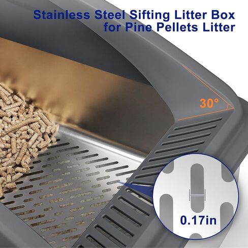 Stainless Steel Litter Box for Pine Pellet Cat Litter Non Clumping Litter System | XXL Sifting Cat Litter Box with Lid for Big Cats | High Sided, Anti-Urine Leakage | Non-Stick Bottom in Saudi Arabia