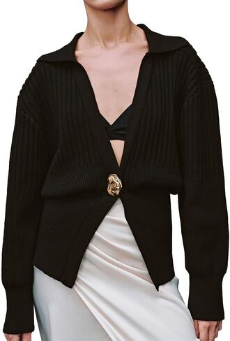Cardigan للنساء V-Neck Label Long Sleeve Sweater محصنة غير رسمية مع زر معدني 2025 in Kuwait
