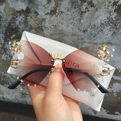 Willochra Women Butterfly Cat Eye Sunglasses - Fashion Shiny Bling Polymond Polygonal Pink Rhinestone Grassions in Kuwait