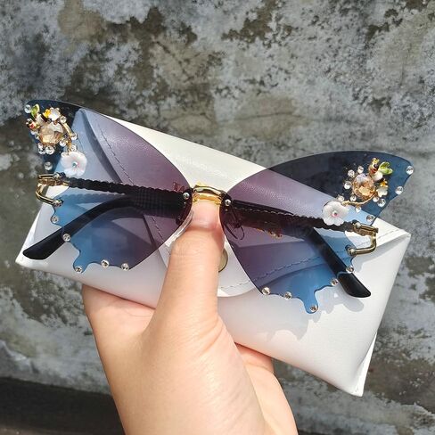 Willochra Women Butterfly Cat Eye Sunglasses - Fashion Shiny Bling Polymond Polygonal Pink Rhinestone Grassions in Kuwait
