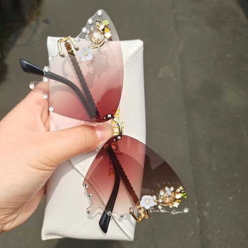 Willochra Women Butterfly Cat Eye Sunglasses - Fashion Shiny Bling Polymond Polygonal Pink Rhinestone Grassions in Kuwait