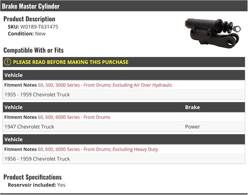 Brake Master Cylinder - Compatible with 1947, 1955-1959 Chevy Truck (with Front Drum Brakes) in Saudi Arabia