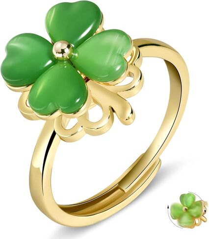 Adjustable Rotatable Four Leaf Clover Ring - Gold Green Opal Clover Ring for Women St. Patrick's Day Jewelry in Saudi Arabia
