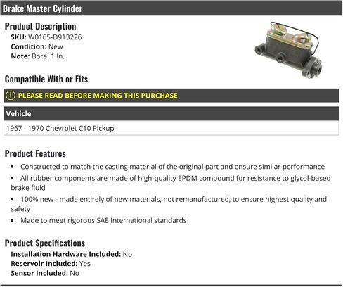 Brake Master Cylinder - Bore 1 بوصة - متوافق مع 1967-1970 Chevy C10 Pickup in Saudi Arabia