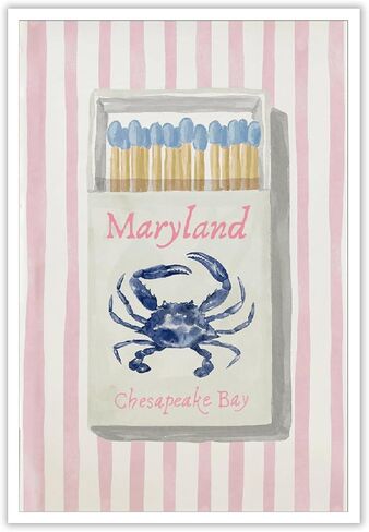 Trendy Maryland chesapeake bay Blue Crab Matchbox Poster Preppy Coastal Beach Canvas Wall Art Pink Striped Nautical Room Aesthetic Prints Painting For Home Bedroom Dorm Wall Decor 12x16in Unframed in Saudi Arabia