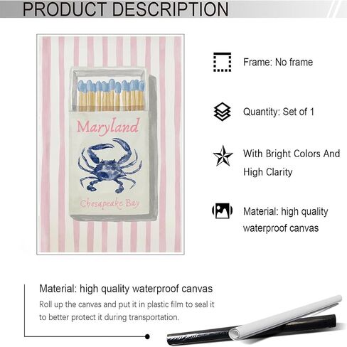Trendy Maryland chesapeake bay Blue Crab Matchbox Poster Preppy Coastal Beach Canvas Wall Art Pink Striped Nautical Room Aesthetic Prints Painting For Home Bedroom Dorm Wall Decor 12x16in Unframed in Saudi Arabia