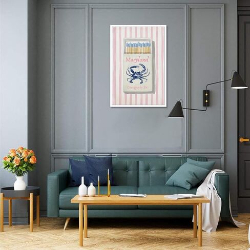Trendy Maryland chesapeake bay Blue Crab Matchbox Poster Preppy Coastal Beach Canvas Wall Art Pink Striped Nautical Room Aesthetic Prints Painting For Home Bedroom Dorm Wall Decor 12x16in Unframed in Saudi Arabia