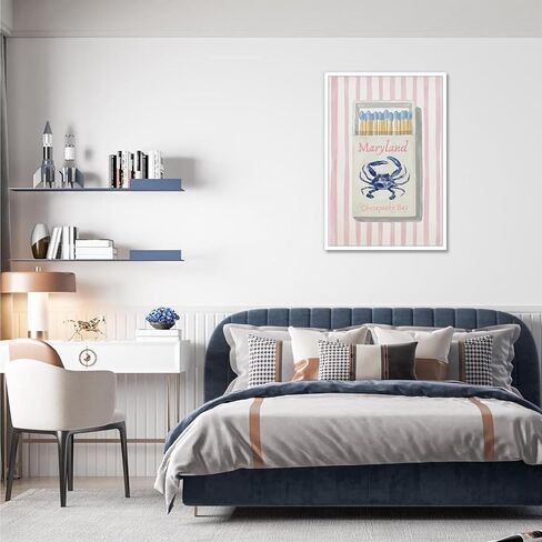 Trendy Maryland chesapeake bay Blue Crab Matchbox Poster Preppy Coastal Beach Canvas Wall Art Pink Striped Nautical Room Aesthetic Prints Painting For Home Bedroom Dorm Wall Decor 12x16in Unframed in Saudi Arabia