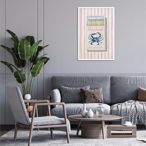 Trendy Maryland chesapeake bay Blue Crab Matchbox Poster Preppy Coastal Beach Canvas Wall Art Pink Striped Nautical Room Aesthetic Prints Painting For Home Bedroom Dorm Wall Decor 12x16in Unframed in Saudi Arabia