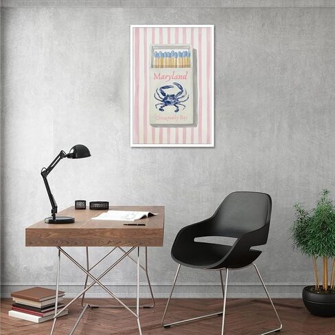 Trendy Maryland chesapeake bay Blue Crab Matchbox Poster Preppy Coastal Beach Canvas Wall Art Pink Striped Nautical Room Aesthetic Prints Painting For Home Bedroom Dorm Wall Decor 12x16in Unframed in Saudi Arabia