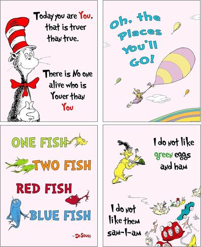 Dr Seuss Kids Photo Photo Photo Wallart - ديكور جدار رائعتين لغرف النوم غرفة لعب الحضانة - خلفية باستيل زرقاء (متوفرة أيضًا باللون الأخضر أو الصفراء) in Saudi Arabia