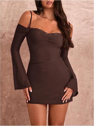 Floerns Women's Cold Shoulder Lace Trim Mini Dress Long Sleeve Ruched Bodycon Dress in Saudi Arabia