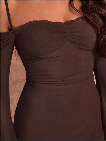 Floerns Women's Cold Shoulder Lace Trim Mini Dress Long Sleeve Ruched Bodycon Dress in Saudi Arabia