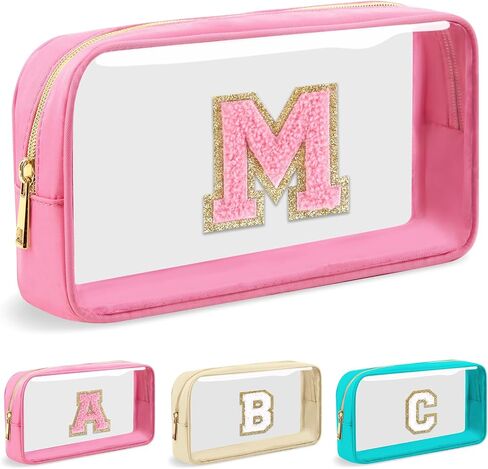 Personalized Initial Letter Clear Makeup Bag,Preppy Small Nylon&PVC Cosmetic Zipper Bag with Chenille Letter,Portable Beach Travel Skincare Toiletry Bag,Trendy Monogram Gift for Teen Girls Women,M in Saudi Arabia