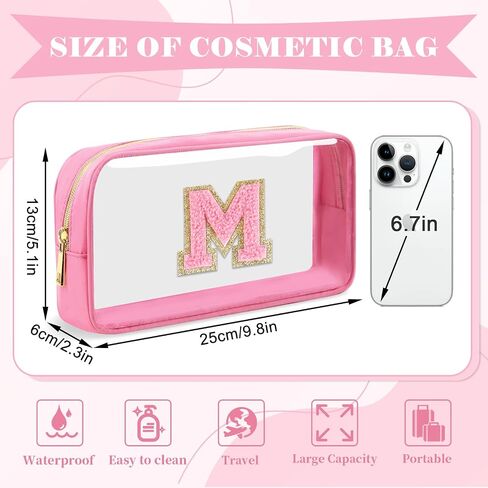 Personalized Initial Letter Clear Makeup Bag,Preppy Small Nylon&PVC Cosmetic Zipper Bag with Chenille Letter,Portable Beach Travel Skincare Toiletry Bag,Trendy Monogram Gift for Teen Girls Women,M in Saudi Arabia