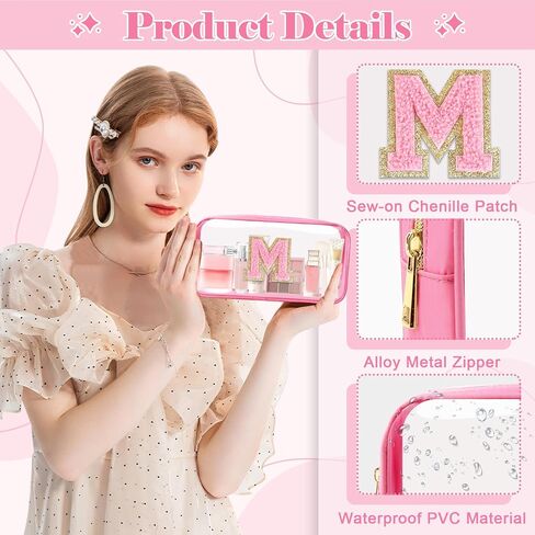 Personalized Initial Letter Clear Makeup Bag,Preppy Small Nylon&PVC Cosmetic Zipper Bag with Chenille Letter,Portable Beach Travel Skincare Toiletry Bag,Trendy Monogram Gift for Teen Girls Women,M in Saudi Arabia