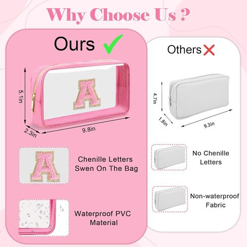 Personalized Initial Letter Clear Makeup Bag,Preppy Small Nylon&PVC Cosmetic Zipper Bag with Chenille Letter,Portable Beach Travel Skincare Toiletry Bag,Trendy Monogram Gift for Teen Girls Women,M in Saudi Arabia