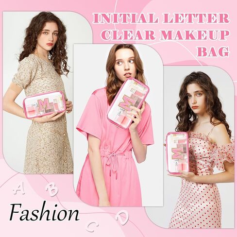 Personalized Initial Letter Clear Makeup Bag,Preppy Small Nylon&PVC Cosmetic Zipper Bag with Chenille Letter,Portable Beach Travel Skincare Toiletry Bag,Trendy Monogram Gift for Teen Girls Women,M in Saudi Arabia